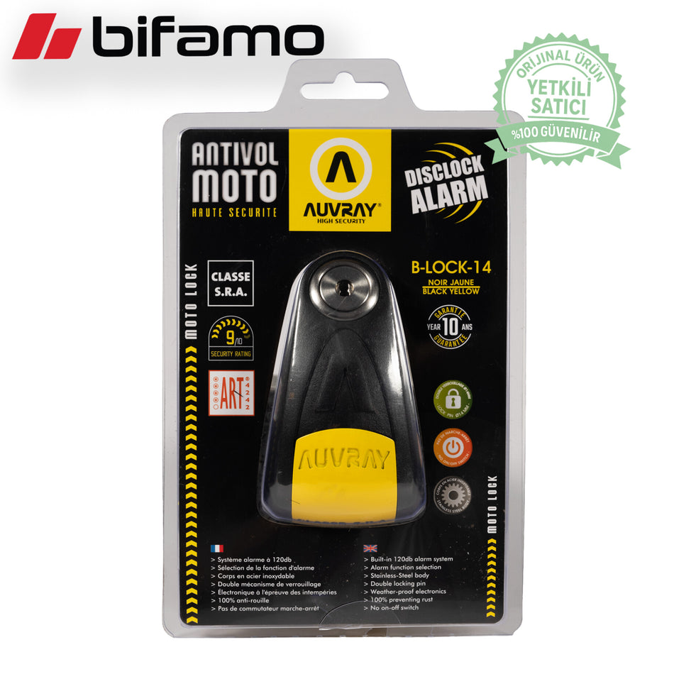 Auvray B-Lock 14 Alarm Disc Lock Black-Yellow – 14mm Stainless Steel Motorcycle Disc Lock