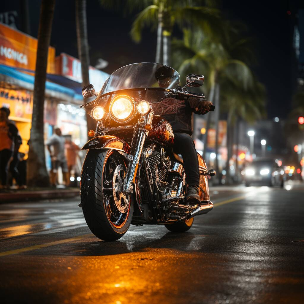 a harley style bike riding promenade by night front in motion palms